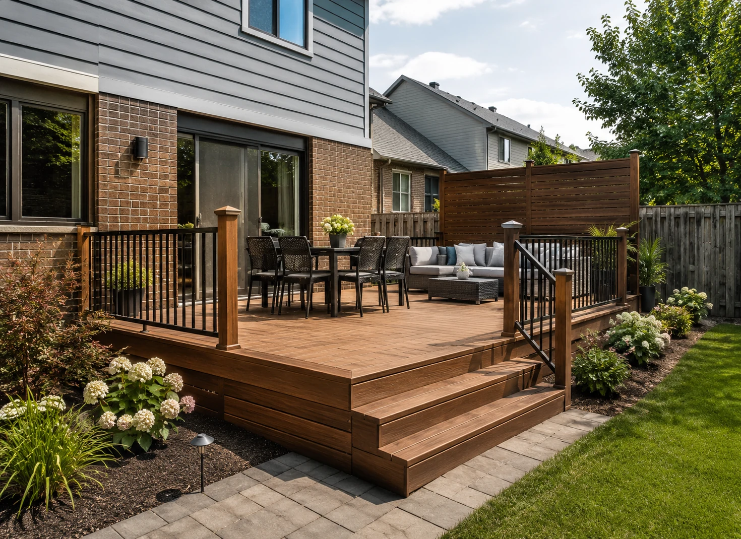 Raised deck with pergola, dining zone and a connected stone patio.